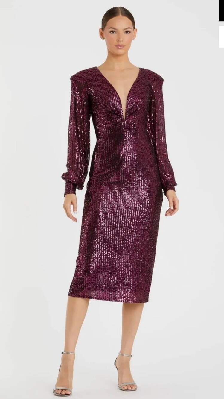 Mac Duggal Women's Ieena Sequined Structured Bishop Sleeve Midi Dress